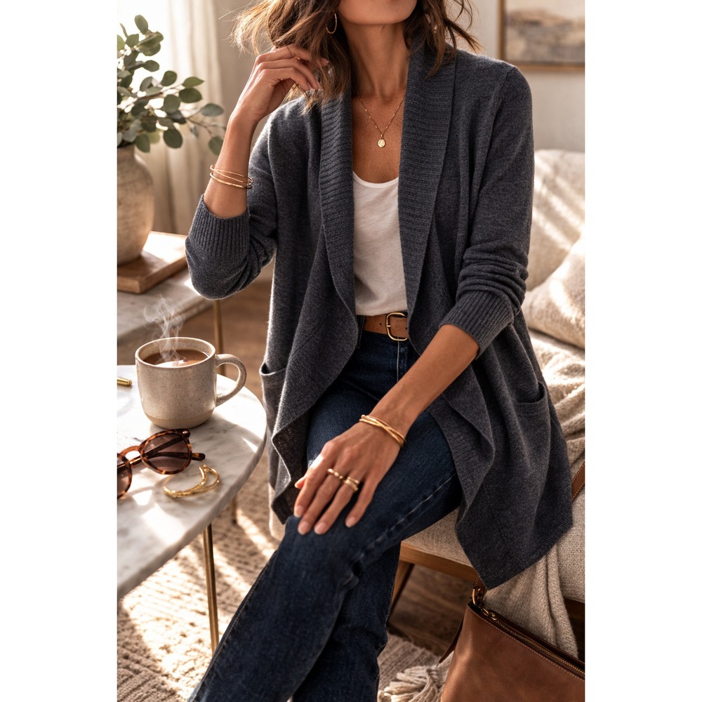 Eileen Fisher Organic Cotton Waterfall Cardigan Gray Open Front XS Minimalist